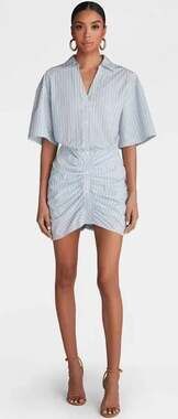 KBB by Kahlana Striped Short Sleeve Button-Front Ruched Mini Shirtdress